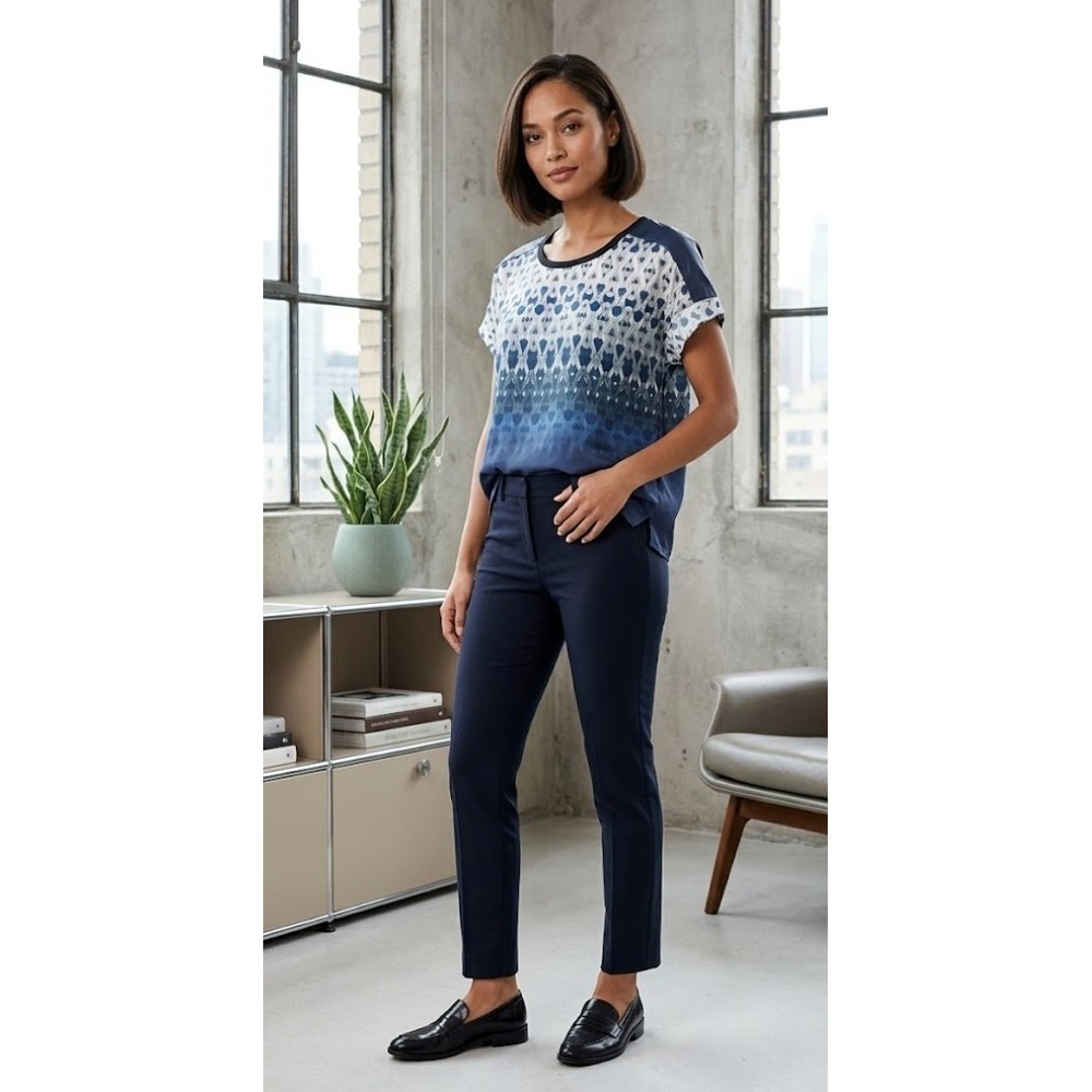 100% Silk Lamb Leather Accents Shoulder Geometric Blouse Navy Blue Elie Tahari